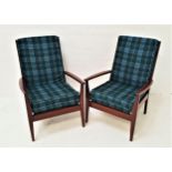 PAIR OF CINTIQUE ARMCHAIRS with plaid covered seat and back cushions, standing on shaped front