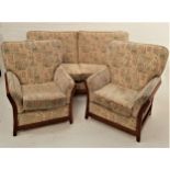 STAINED OAK THREE PIECE SUITE comprising a two seat sofa, 185cm wide, and two armchairs, all with