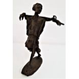 BRONZE AFRICAN FIGURE of a man carrying his staff over his shoulders while walking, unsigned, 22.5cm