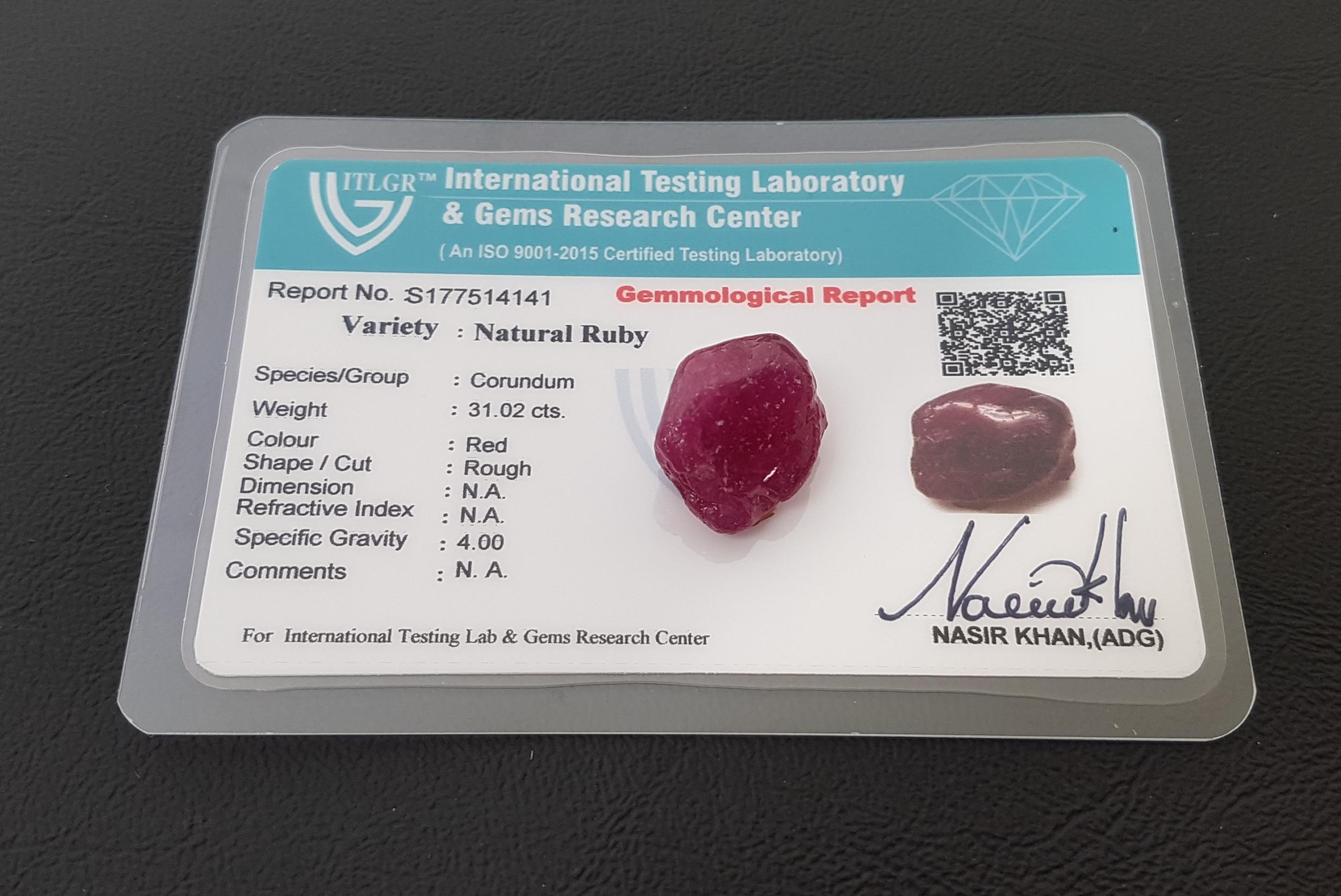 CERTIFIED LOOSE NATURAL RUBY the rough cut ruby weighing 31cts, with ITLGR Gemmological Report