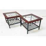 PAIR OF OCCASIONAL TABLES the square moulded tops with inset bevelled glass panels, standing on