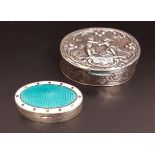 TWO SILVER PILL DISHES one with engine turned turquoise enamel decoration within star decorated