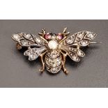 VICTORIAN DIAMOND, PEARL AND RUBY SET FLY BROOCH the central pearl surrounded by multiple diamonds