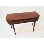 MID VICTORIAN MAHOGANY OCCASIONAL TABLE with a D shaped fold over top above a long central inlaid