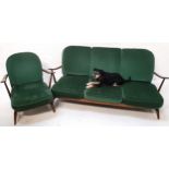 ERCOL THREE SEAT SOFA in stained beech with a stick back and shaped arms with loose seat and back
