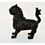 HOLLOW CAST BRONZE INCENSE BURNER of a standing cat with pierced scroll decoration overall and a