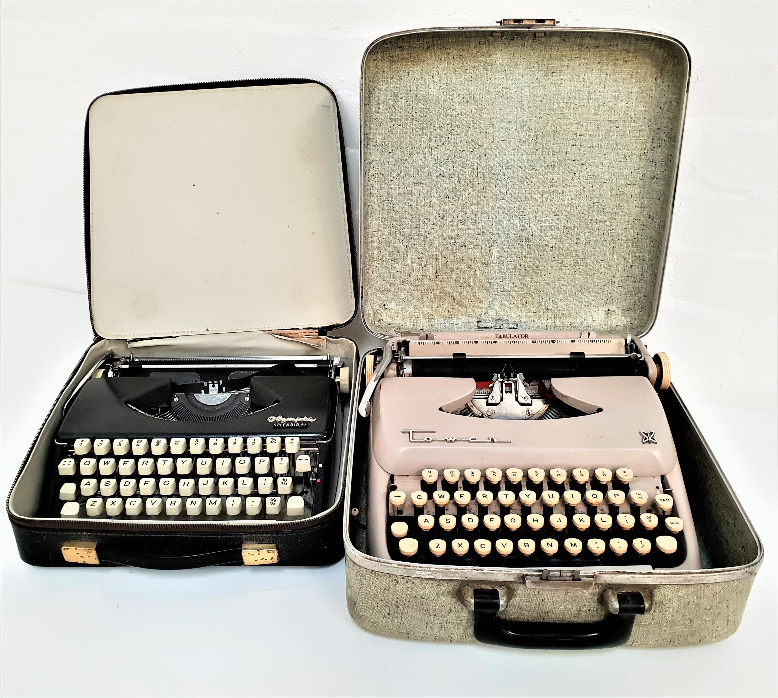 OLYMPIA SPLENDID 66 TYPEWRITER with a black metal body and cream keys, in a zipped travel case,