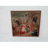 LARGE NEEDLE WORK TAPESTRY depicting a religious scene with figures by a church, 116cm x 124cm