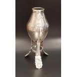 EDWARDIAN SILVER SPILL VASE the ovoid body with engraved foliate decoration, raised on three