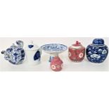 SELECTION OF EAST ASIAN ITEMS including two white tazzas, cup and cover decorated with fish, blue