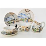JAPANESE PORCELAIN TEA SET decorated with female figures in traditional dress amongst cherry blossom