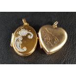 TWO NINE CARAT GOLD LOCKET PENDANTS the oval pendant with floral and scroll decoration with white