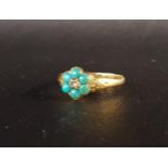 VICTORIAN DIAMOND AND TURQUOISE CLUSTER RING the central diamond chip surrounded by six cabochon