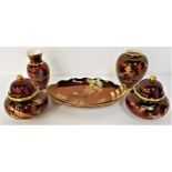 CARLTON WARE ROUGE ROYALE comprising a shaped dish, a pair of squat lidded jars, an ovoid vase and