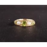 PERIDOT AND PEARL FIVE STONE RING the three peridots separated by pearls, on nine carat gold