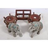 A PAIR OF CARVED WOOD AND POLYCHROME FIGURES each modelled as an elephant together with a hardwood