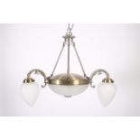 AN ART DECO DESIGN THREE BRANCH CENTRE LIGHT the frosted glass bowl with reeded circlet issuing