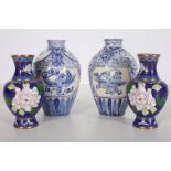 A PAIR OF BLUE AND WHITE VASES of baluster form 18cm (h) together with a pair of Tosoni vases of