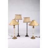 A PAIR OF BRASS AND MARBLE TABLE LAMPS each with a cylindrical tapering column on a circular