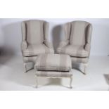 A PAIR OF QUEEN ANNE DESIGN GREY PAINTED AND UPHOLSTERED WING CHAIRS with scroll over arms and loose