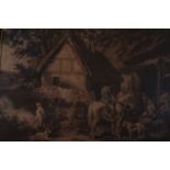 AFTER GEORGE MORLAND A PAIR OF 19TH CENTURY COLOUR ENGRAVINGS figures on horseback outside a cottage