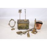 A COLLECTION OF BRASSWARE to include a fuel bin three brass fire irons fire dog copper and brass