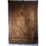 A FRENCH NEEDLEWORK WALL HANGING the light brown field with central panel depicting figures in a