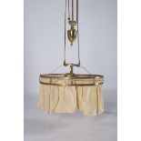 A 19TH CENTURY BRASS THREE LIGHT FALL AND RISE CENTRE LIGHT of oval outline measurement of shade