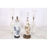 A PAIR OF CHINA TABLE LAMPS of baluster form decorated with birds amongst foliage together with a