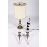 A BRASS TABLE LAMP together with a contemporary glazed table lamp together with a pair of plated