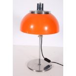 AN ITALIAN RETRO CHROME TWO LIGHT TABLE LAMP raised on a cylindrical column with circular foot