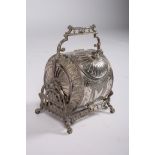 A 19TH CENTURY SILVER PLATED ENGRAVED BISCUIT BARREL