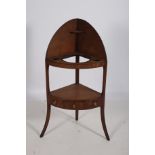 A 19TH CENTURY MAHOGANY CORNER WASH STAND the moulded gallery above open compartments and frieze