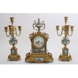 Beaux Arts, porcelain mounted, ormolu, three-piece, clock garniture by Richaud & Co.