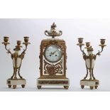 A Beaux Arts, ormolu and white marble, crystal regulator, three piece, clock garniture