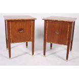 A PAIR OF SHERATON DESIGN MAHOGANY AND SATINWOOD CROSS BANDED PEDESTALS each of rectangular