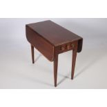 A GEORGIAN MAHOGANY AND SATINWOOD CROSS BANDED DROP LEAF TABLE the rectangular hinged top with