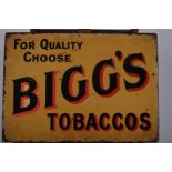 A METAL WALL MOUNTED SIGN inscribed Bigg's Tobaccos for quality choice 50cm x 70cm of recent