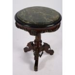 A CONTINENTAL MAHOGANY AND GILT BRASS MOUNTED TABLE of cylindrical outline surmounted by a green