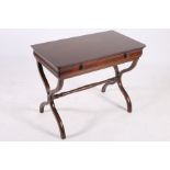 A REGENCY DESIGN MAHOGANY CROSS BANDED SIDE TABLE of rectangular outline with frieze drawer on X