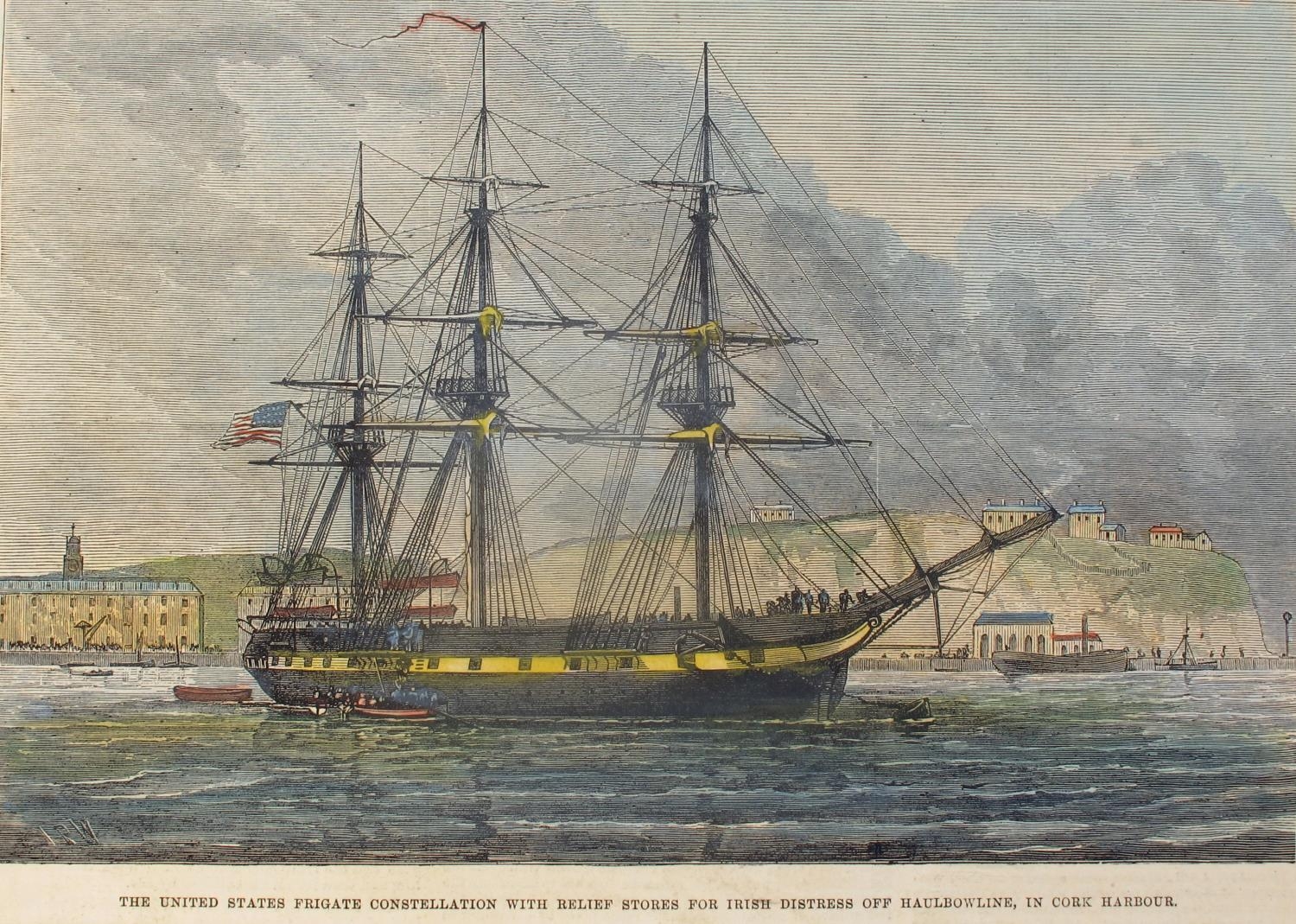 1880s and 1890s scenes of Irish life, hand-coloured engravings, "The United States Frigate