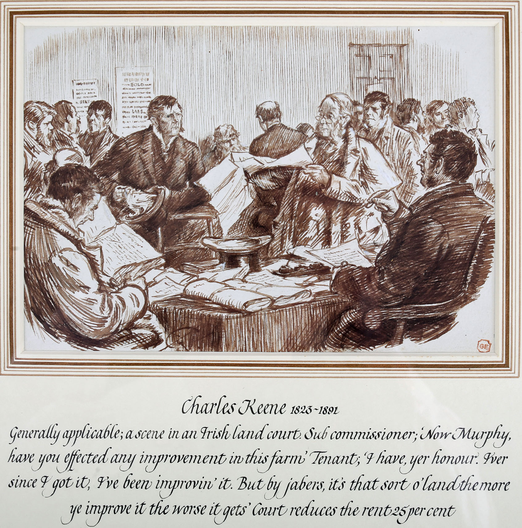 Charles Samuel Keene (1823-1891) English. Scene in an Irish Land Court. Pen and ink, 7" x 10" (18 x - Image 2 of 2