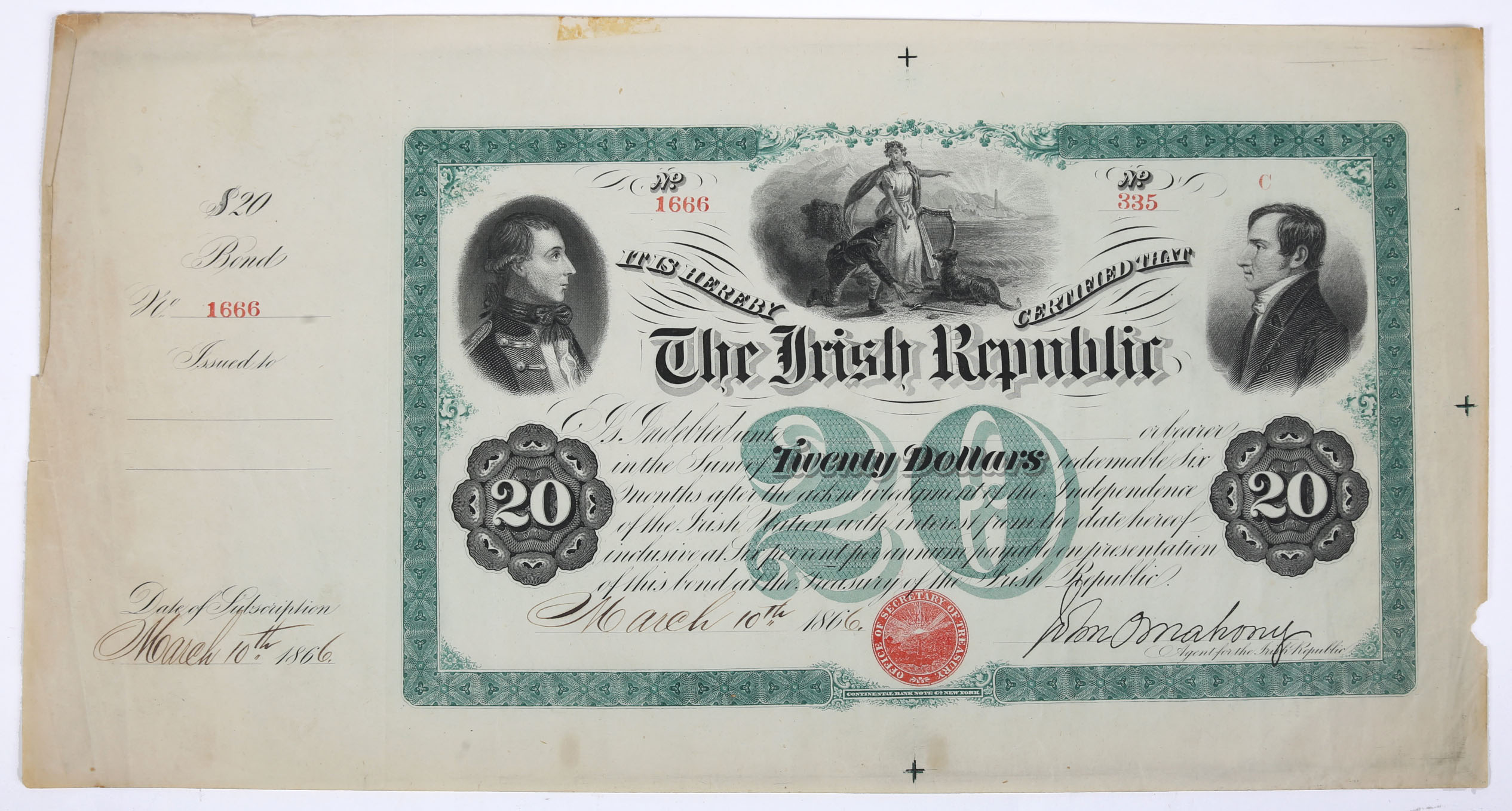 1866-67 Irish Republic Twenty Dollars 'Fenian Bond'. Dated in manuscript March 10th 1866, issuee not