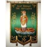 An early 20th century processional banner venerating St. Brendan the Navigator. A green silk