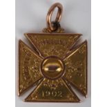 Rugby. 1902 Leinster Challange Cup, gold winner's medal to RM Campbell, Monkstown FC. Hallmarked 9ct