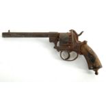 A 19th century, pinfire, open-frame revolver, in relic condition, found bricked into a wall in a