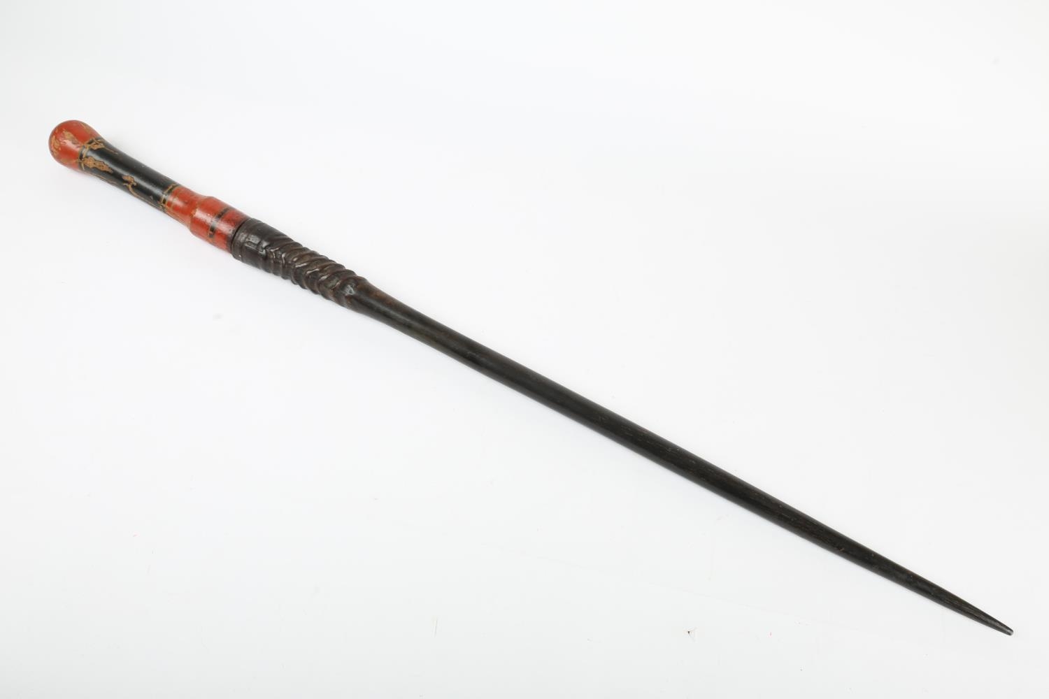 Indian Oryx-horn staff, the horn mounted with a red, black and gilt, turned-wood handle. 37" (