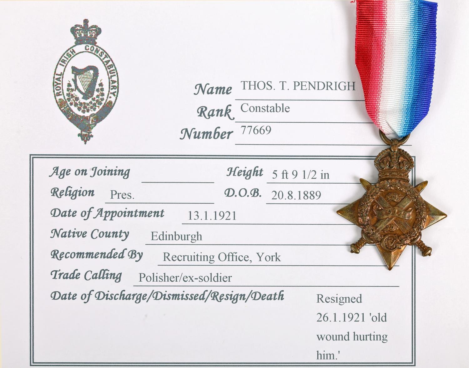 1914 Star to Black and Tan. A Great War 1914 Star to 5737 PTE T.T. PENDRIGH. 2/DNS. (Royal scots