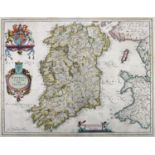1654 Map of Ireland by Blaeu. A hand-coloured, engraved map, Hiberno Regnum Vulgo Ireland in the