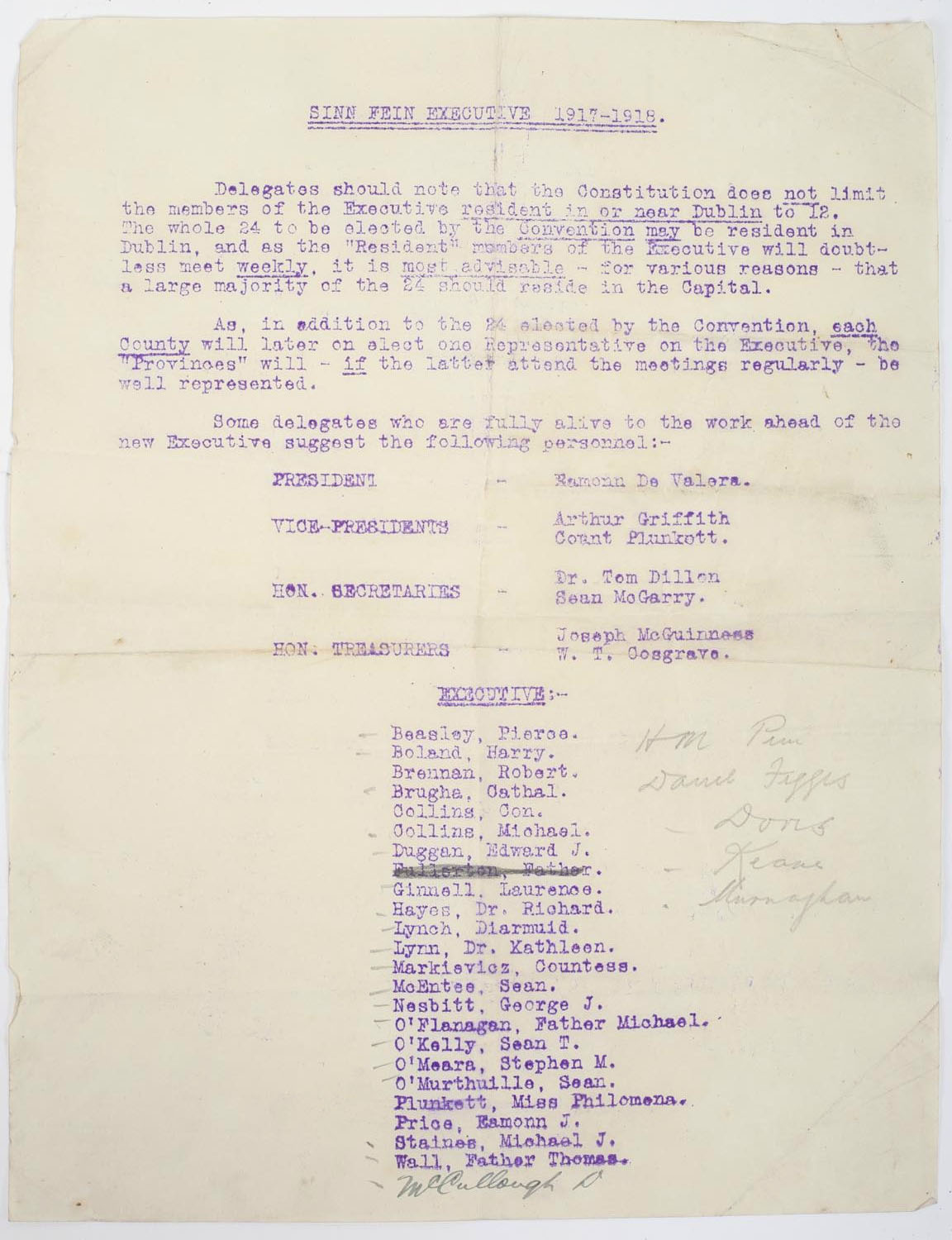 Sinn Fein Ard Fheis 1917, document proposing membership of the Sinn Fein Executive 1917-18. Outlines